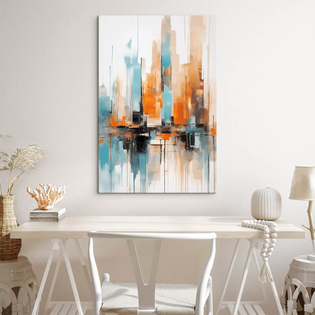 Tableau Paysage urbain abstrait avec des coups de pinceau verticaux dans des tons orange, bleu et blanc, style pictural s46267