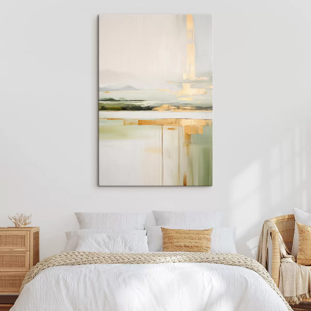 Tableau Paysage abstrait avec des accents jaunes, une composition minimaliste de terre, d'eau et de ciel, avec des couleurs douces s46268