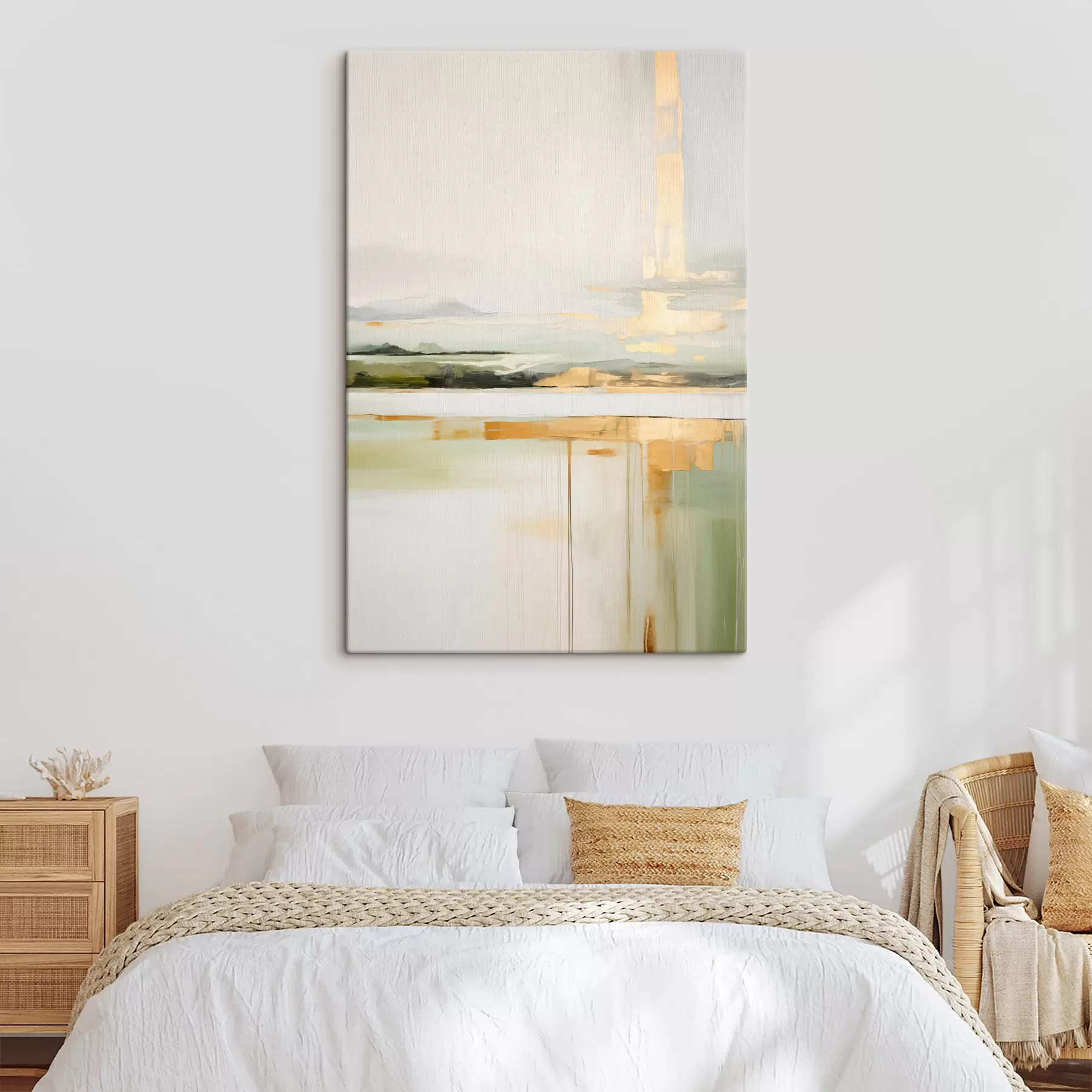 Tableau Paysage abstrait avec des accents jaunes, une composition minimaliste de terre, d'eau et de ciel, avec des couleurs douces s46268