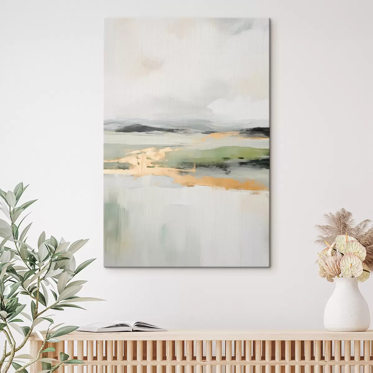 Tableau Paysage abstrait avec des accents jaunes, une composition minimaliste de terre, d'eau et de ciel, avec des couleurs douces s46269