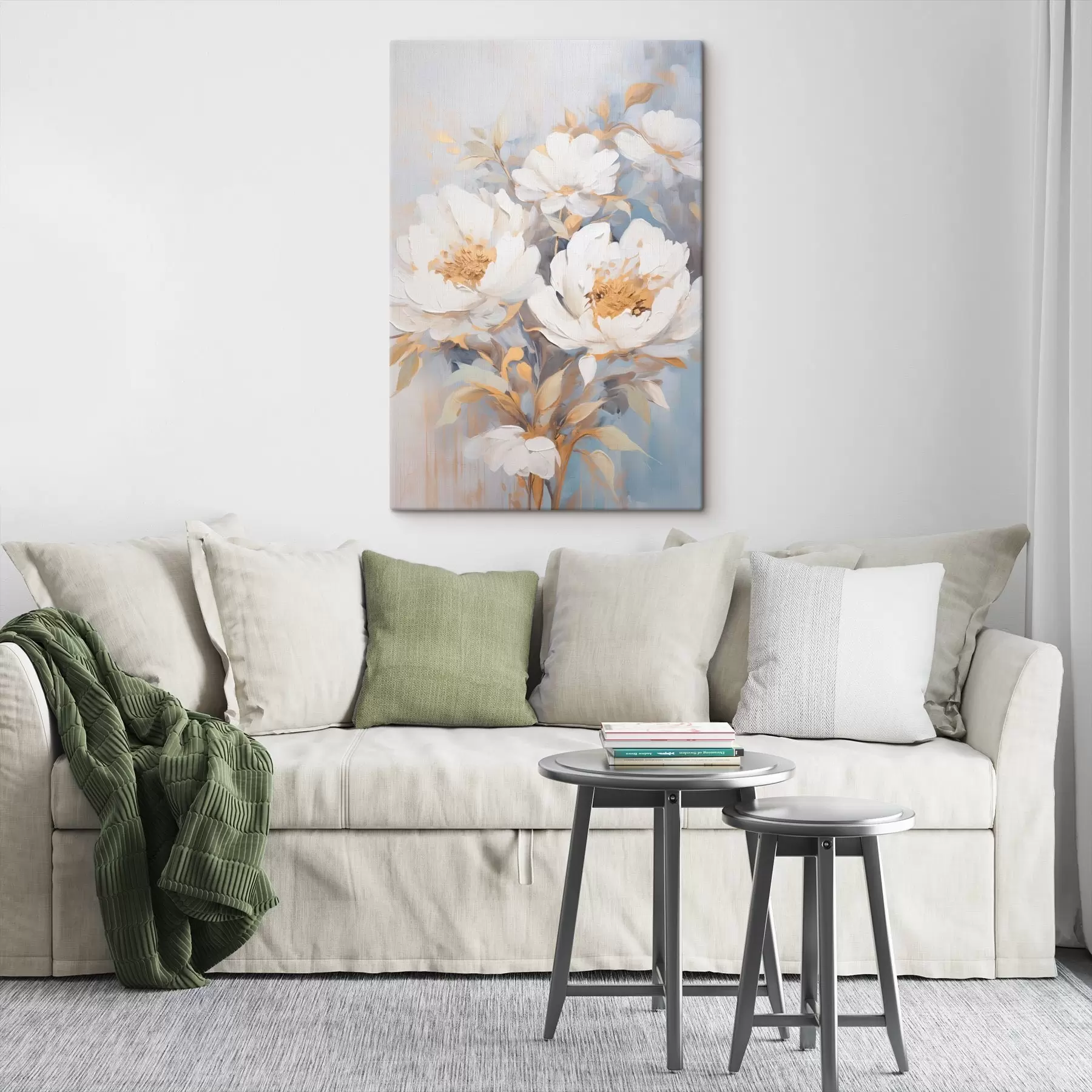 Tableau Pivoines blanches avec centre et feuilles jaunes, coups de pinceau doux, fond bleu clair, composition florale s46270