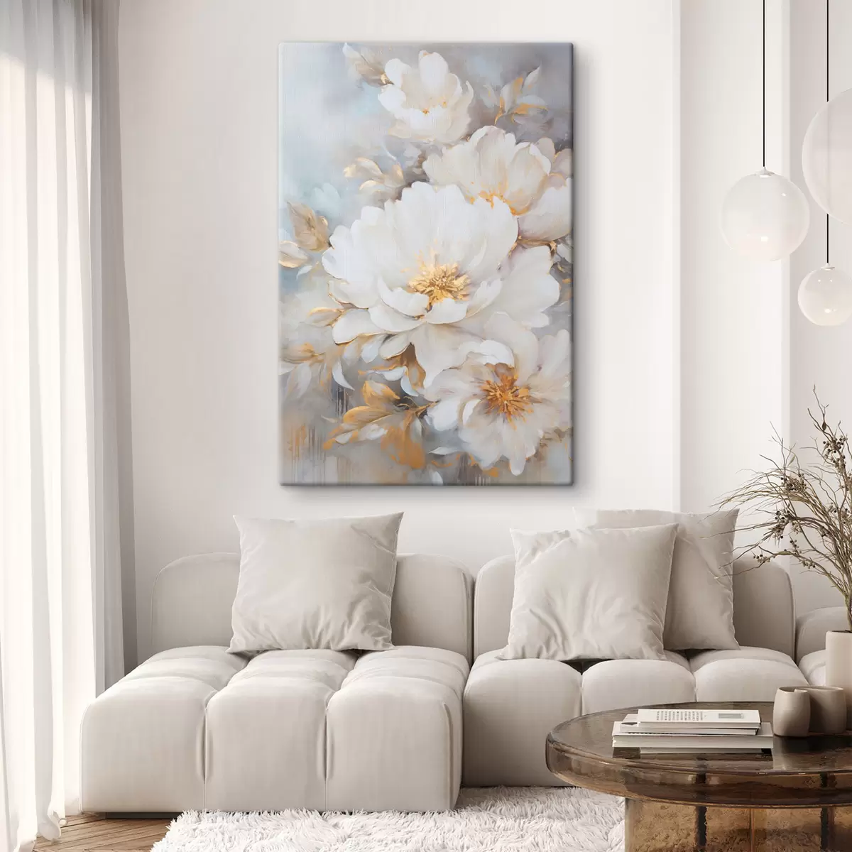 Tableau Pivoines blanches avec centre et feuilles jaunes, coups de pinceau doux, fond bleu clair, composition florale s46271