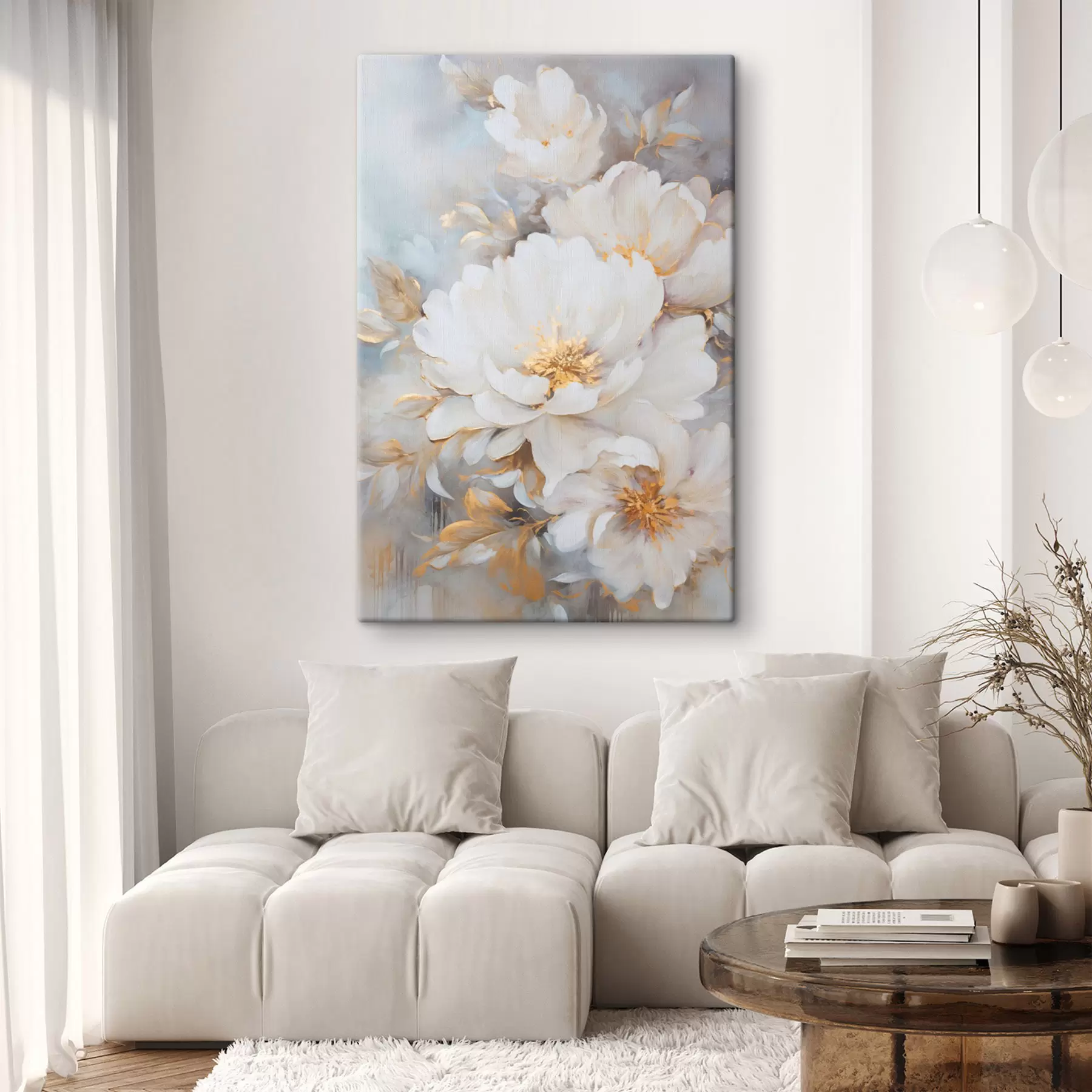Tableau Pivoines blanches avec centre et feuilles jaunes, coups de pinceau doux, fond bleu clair, composition florale s46271