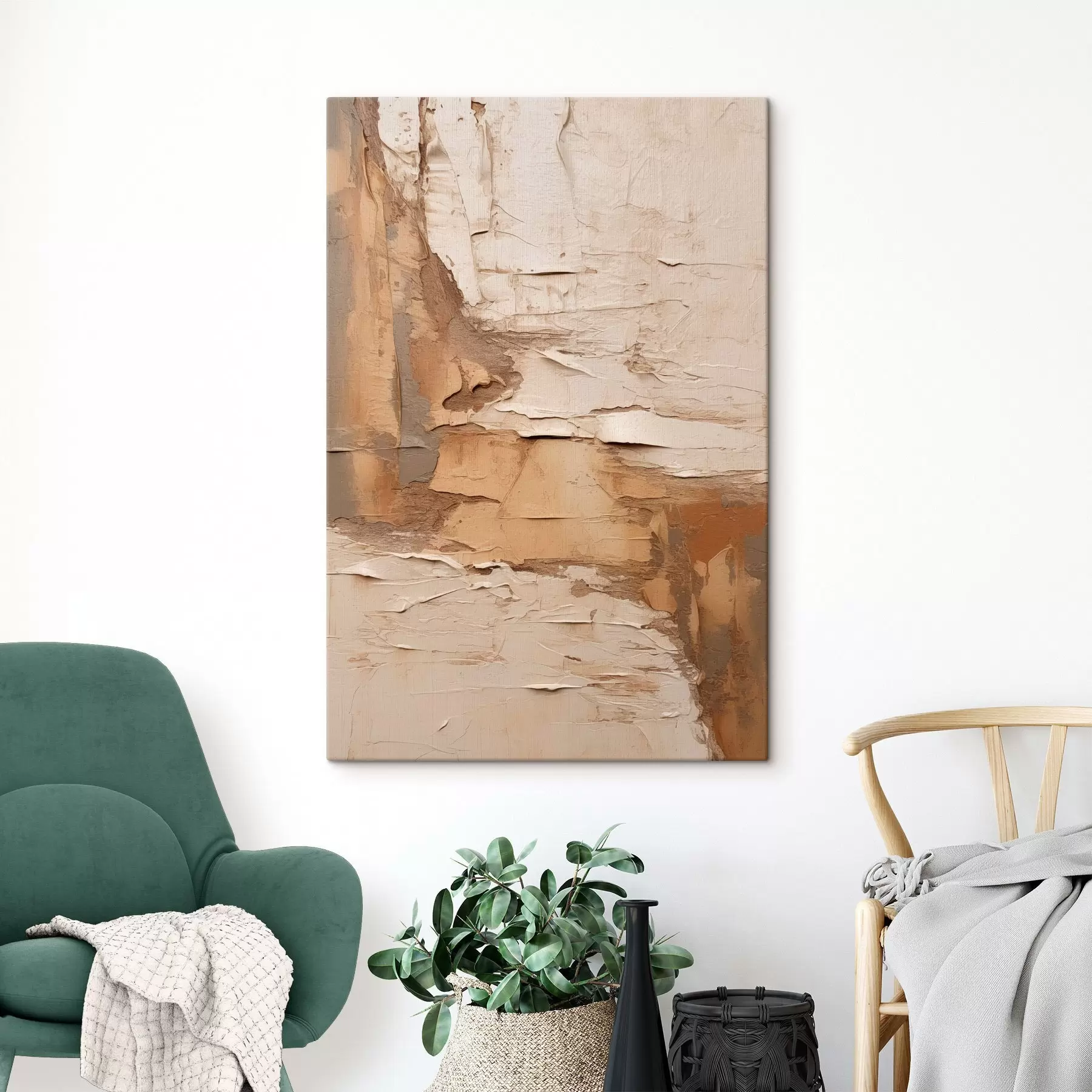 Tableau Peinture abstraite aux coups de pinceau épais, tons beiges et bruns, surface texturée, palette de couleurs neutres s46273