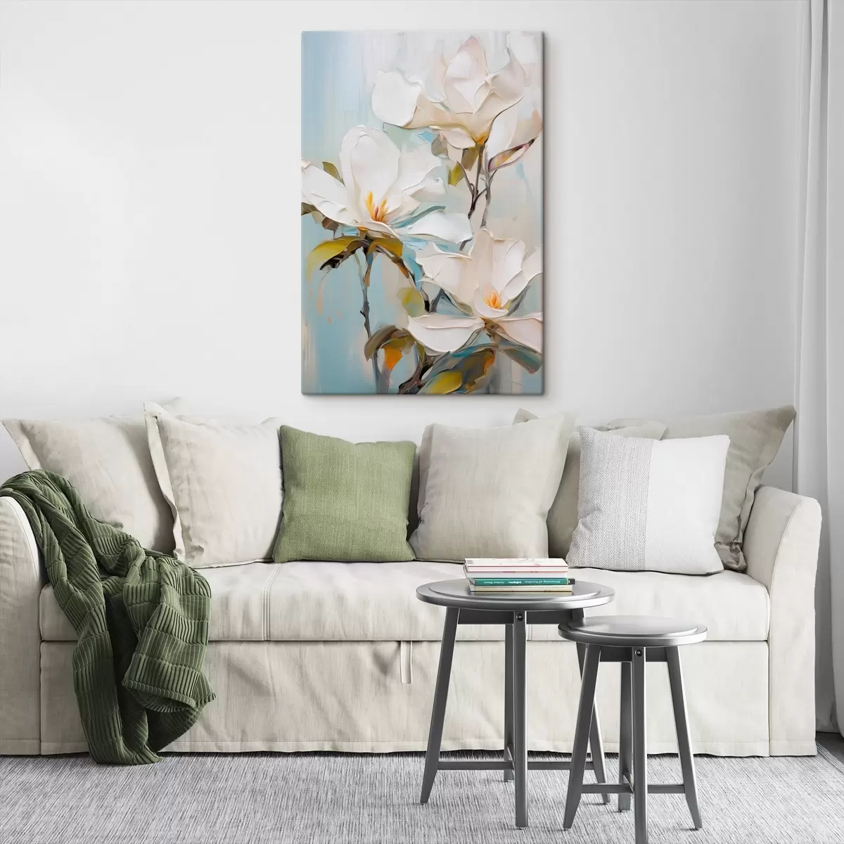 Tableau Fleurs de magnolia blanches, fond bleu clair avec des coups de pinceau doux, style peinture à l'huile, texture impasto s46276