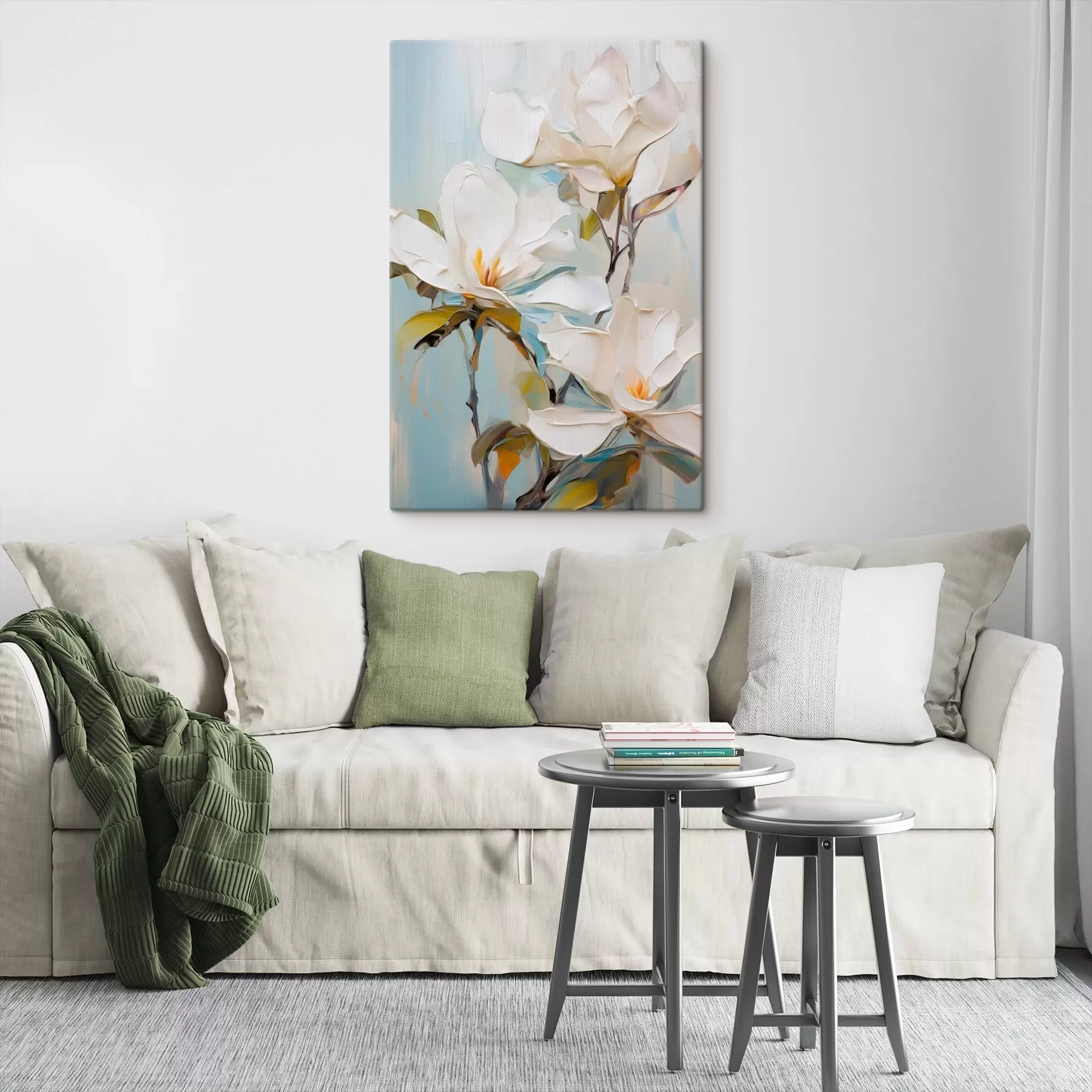 Tableau Fleurs de magnolia blanches, fond bleu clair avec des coups de pinceau doux, style peinture à l'huile, texture impasto s46276