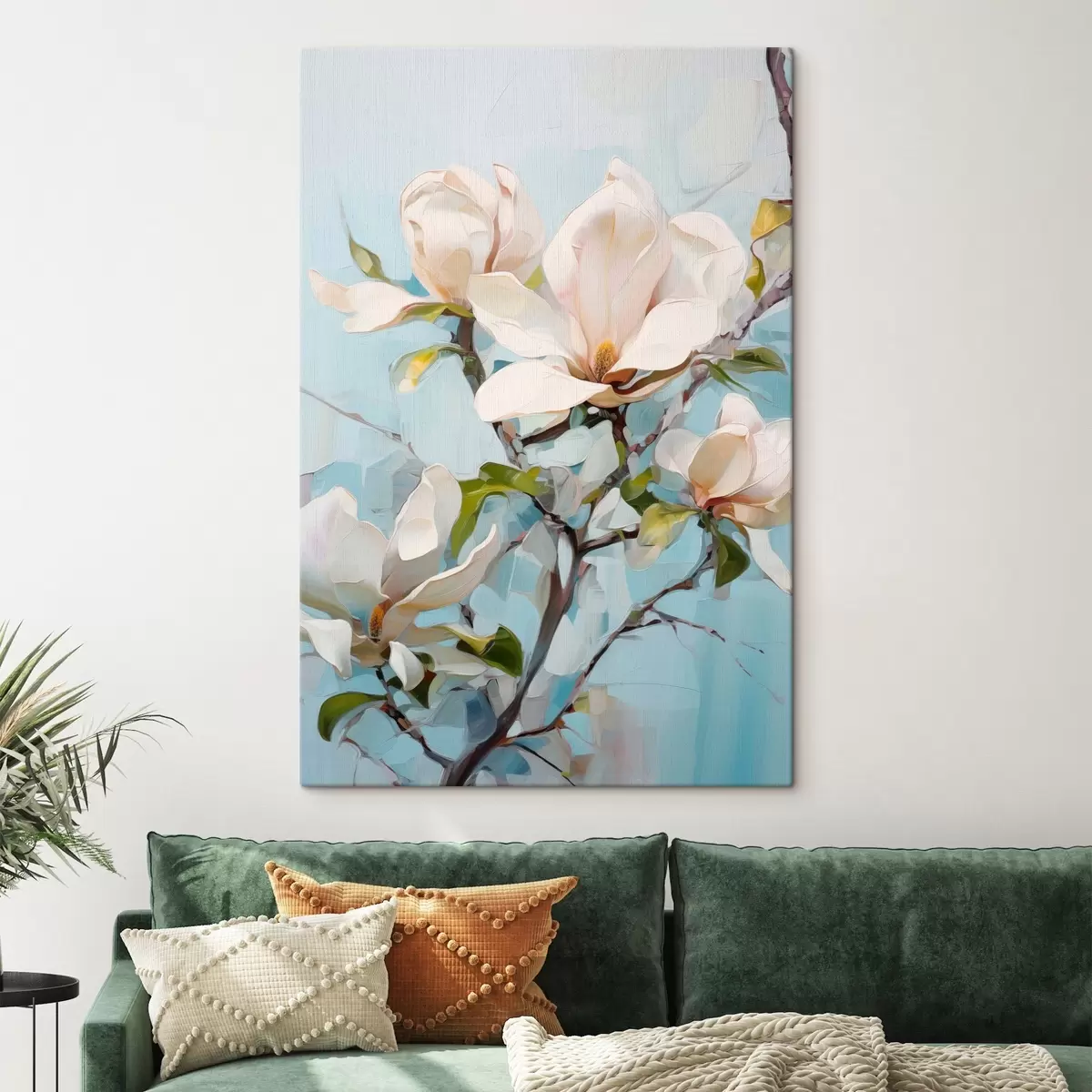 Tableau Fleurs de magnolia blanches, fond bleu clair avec des coups de pinceau doux, style peinture à l'huile, texture impasto s46277