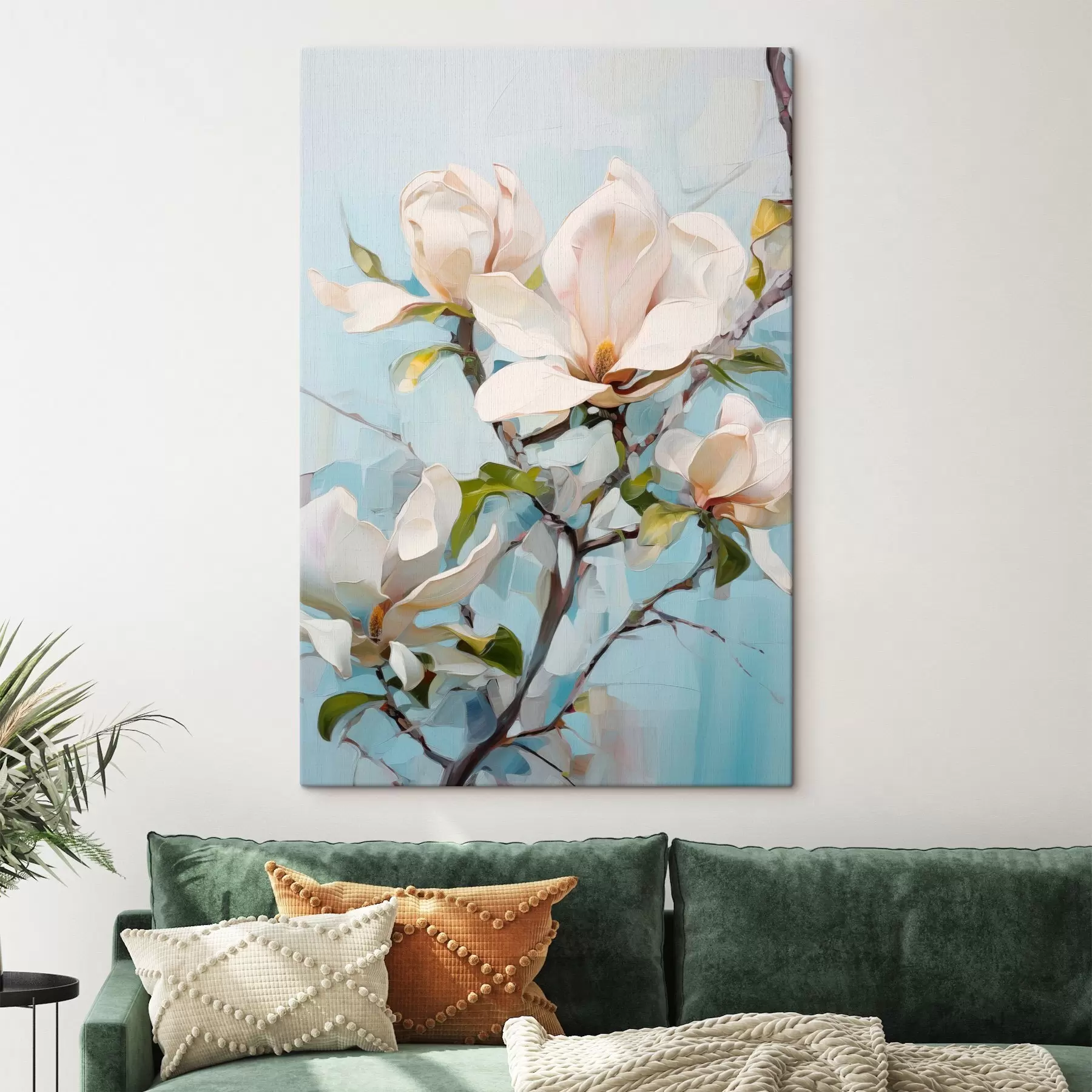 Tableau Fleurs de magnolia blanches, fond bleu clair avec des coups de pinceau doux, style peinture à l'huile, texture impasto s46277