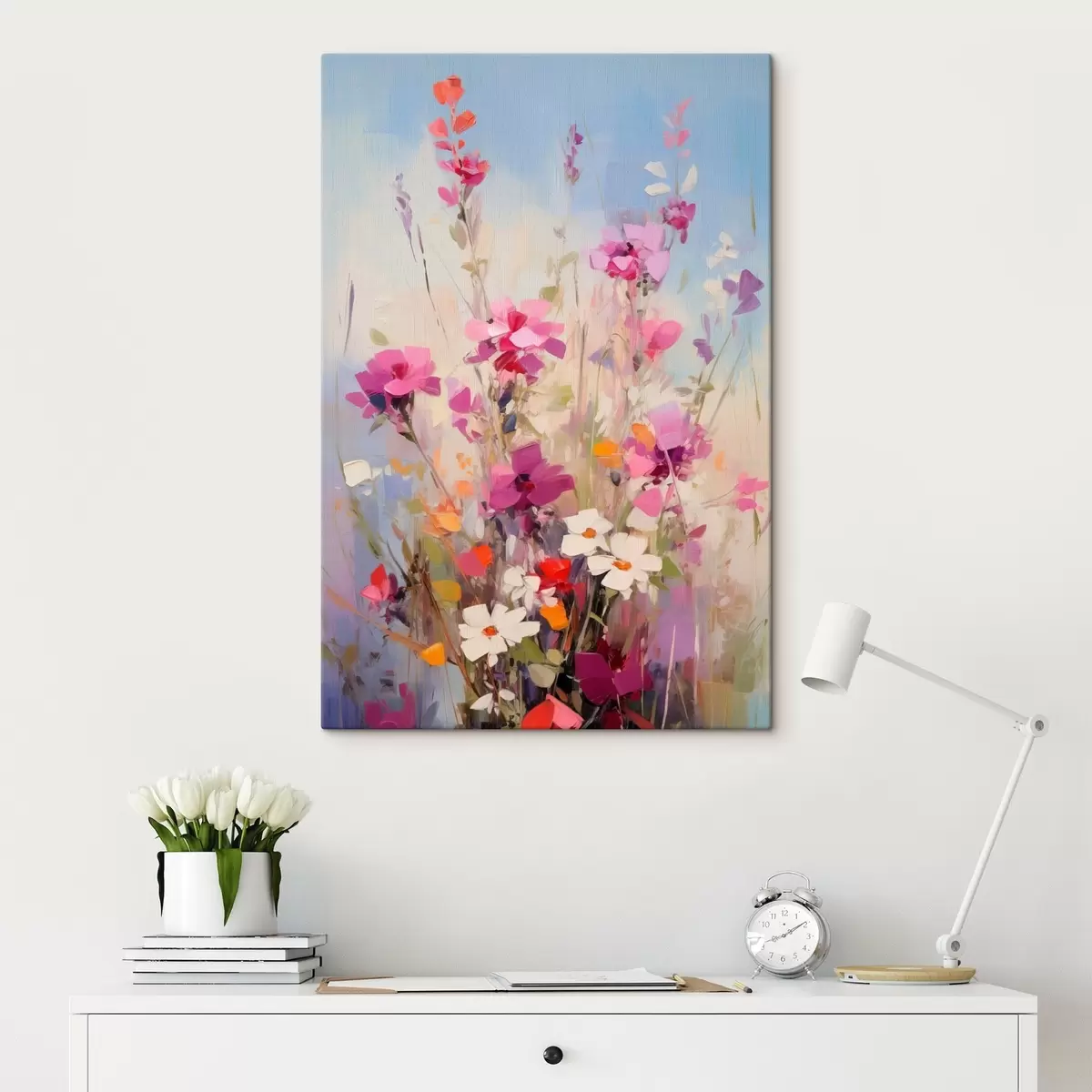 Tableau Des fleurs roses, blanches et vertes éclatantes sur un fond pastel doux s46278