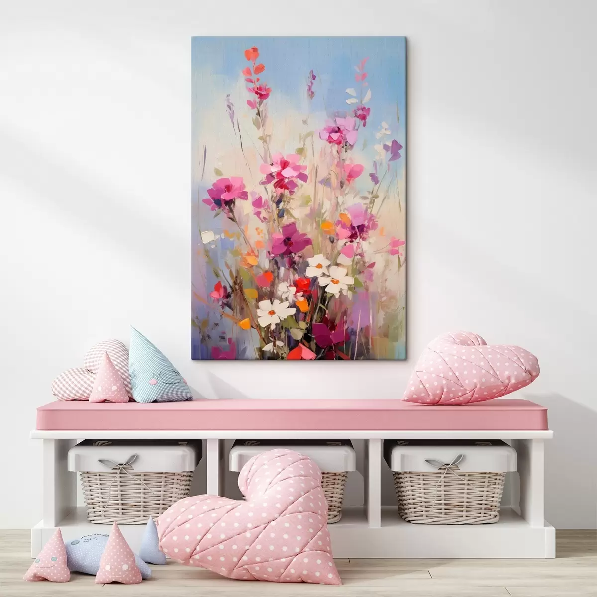 Tableau Des fleurs roses, blanches et vertes éclatantes sur un fond pastel doux s46278