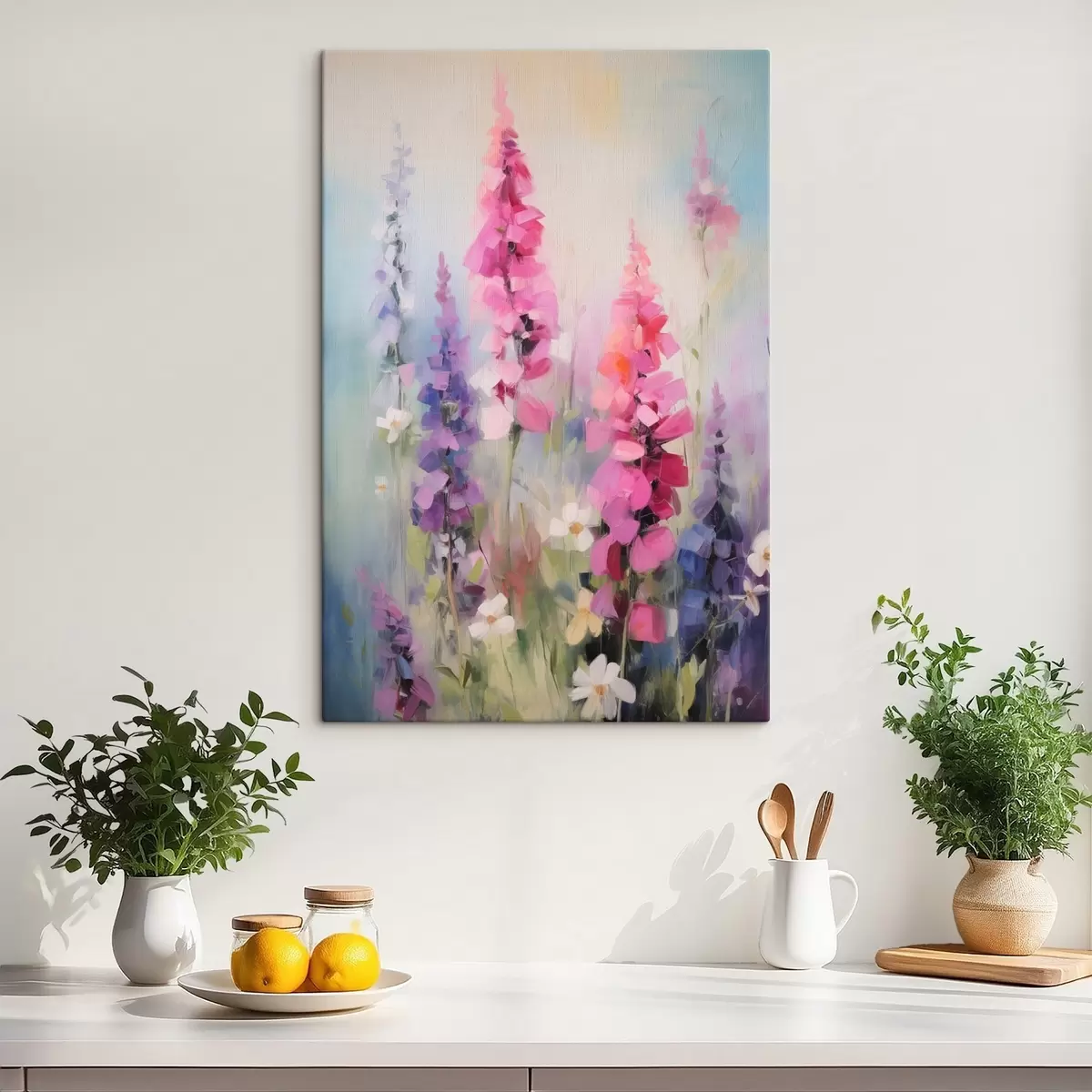 Tableau Fleurs roses et violettes avec des marguerites blanches dans un champ, coups de pinceau doux, couleurs pastel, style impressionniste s46279