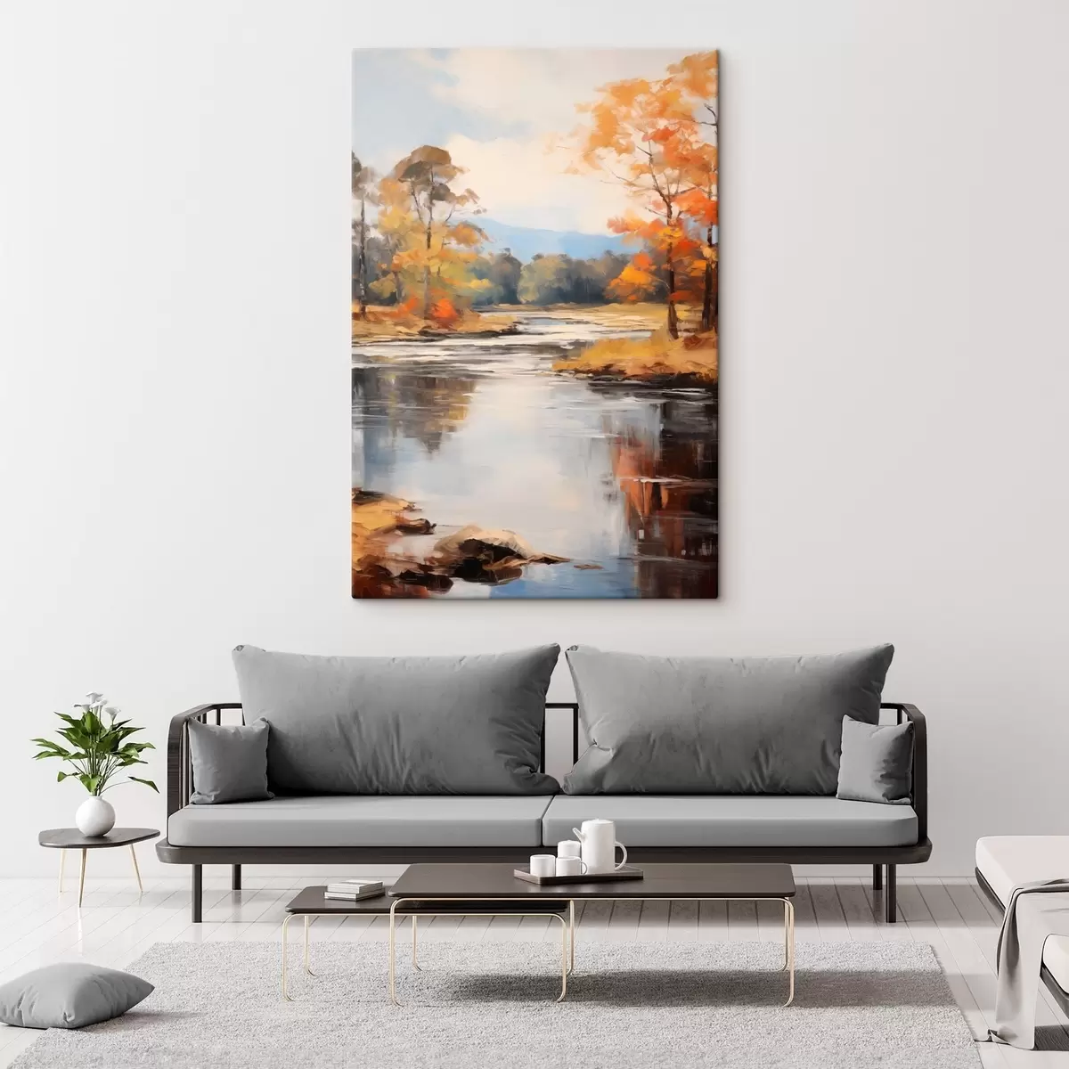 Tableau Paysage avec une rivière traversant une forêt en automne, arbres jaunes et orange, style pictural s46281