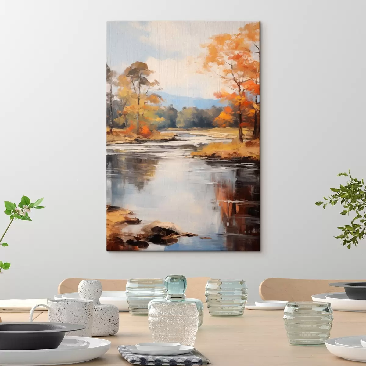 Tableau Paysage avec une rivière traversant une forêt en automne, arbres jaunes et orange, style pictural s46281