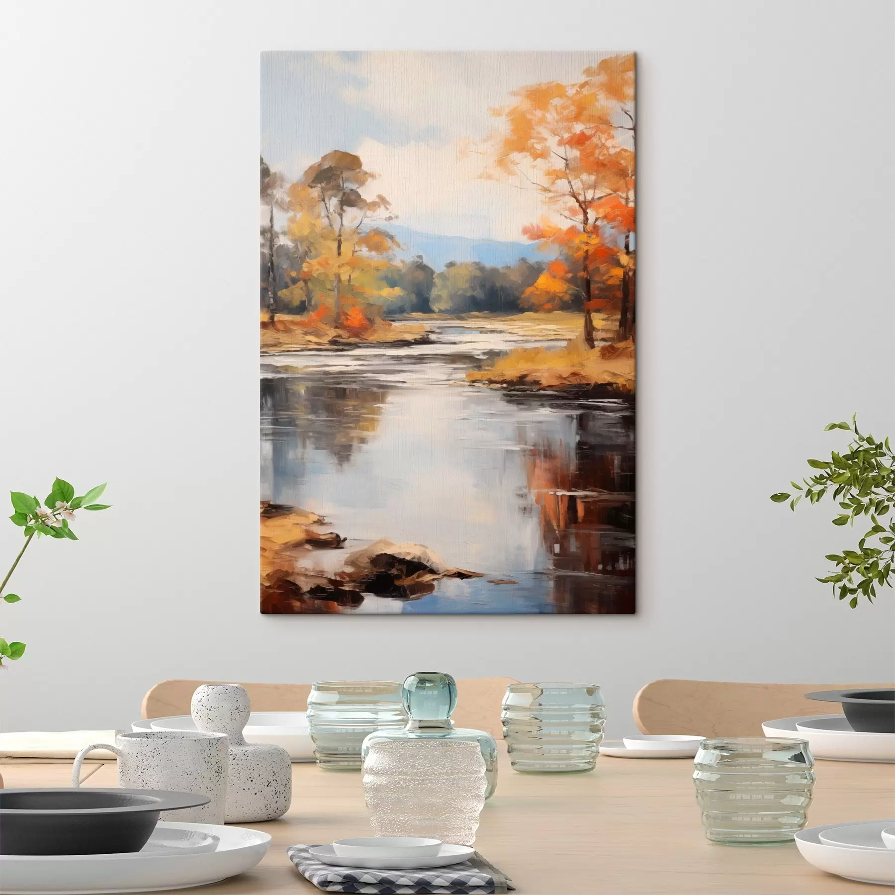 Tableau Paysage avec une rivière traversant une forêt en automne, arbres jaunes et orange, style pictural s46281