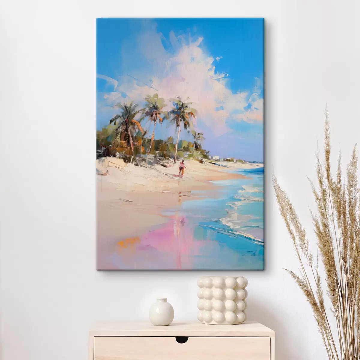 Tableau Paysage abstrait, une plage avec des palmiers, une journée ensoleillée avec un ciel bleu et quelques nuages s46284