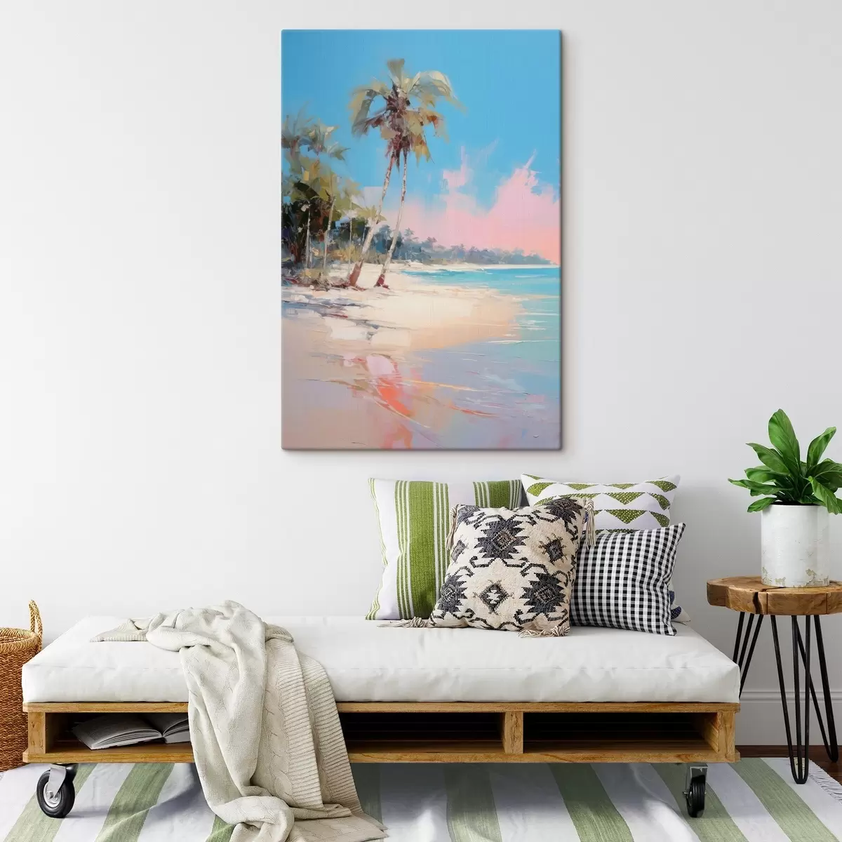 Tableau Plage tropicale abstraite avec sable blanc et palmiers, ciel bleu avec nuages blancs s46285