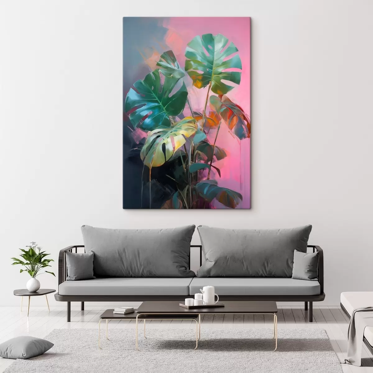 Tableau Plante abstraite monstera aux feuilles d'un vert éclatant, sur fond de douces teintes roses et violettes s46286