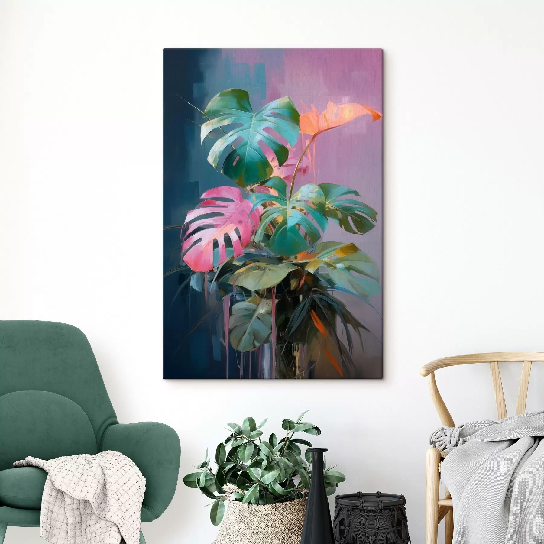 Tableau Plante abstraite monstera aux feuilles roses et vertes, aux couleurs vives, sur fond flou s46287