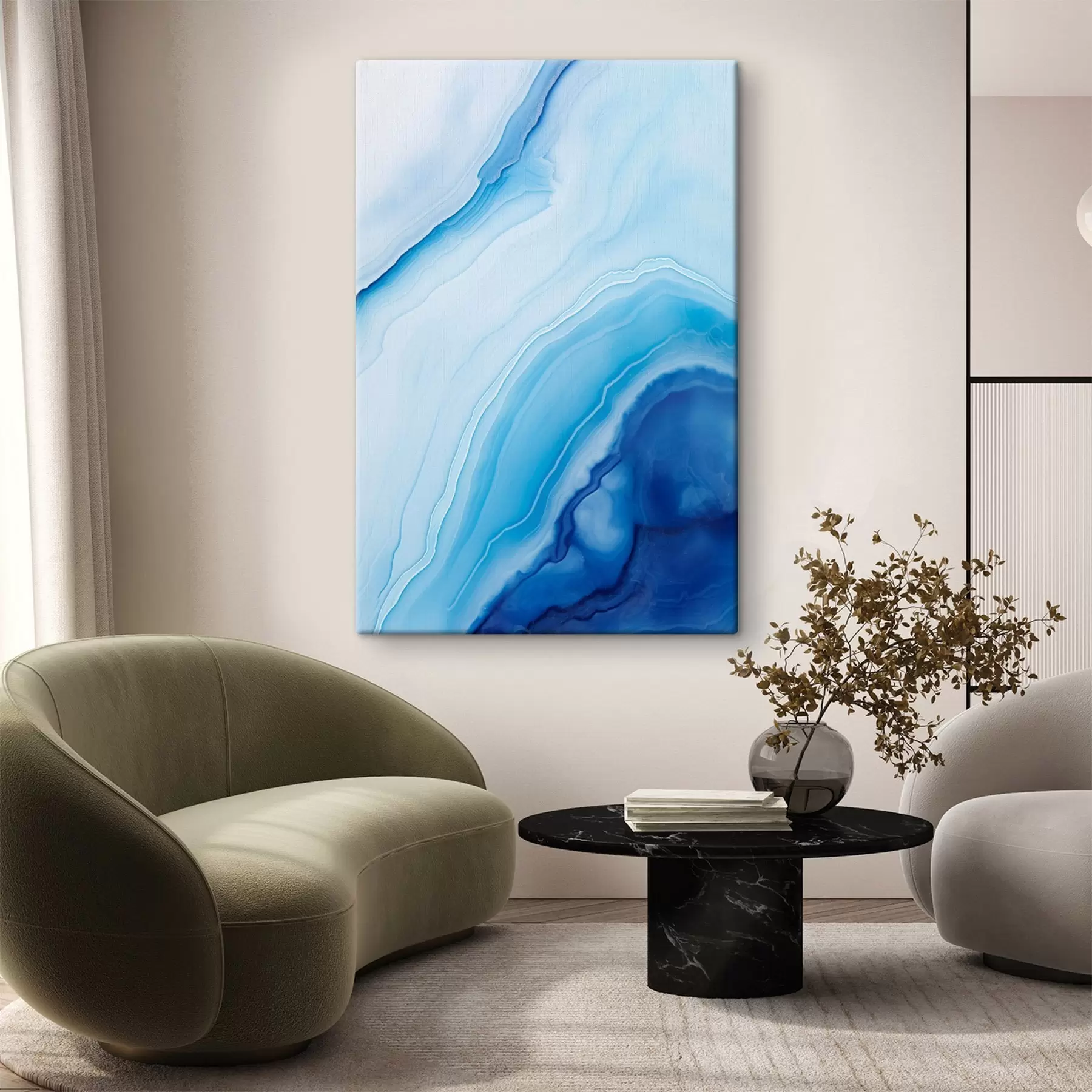 Tableau Imprimé abstrait bleu et blanc agate, lignes tourbillonnantes et dégradés, texture lisse, art moderne, minimaliste s46290