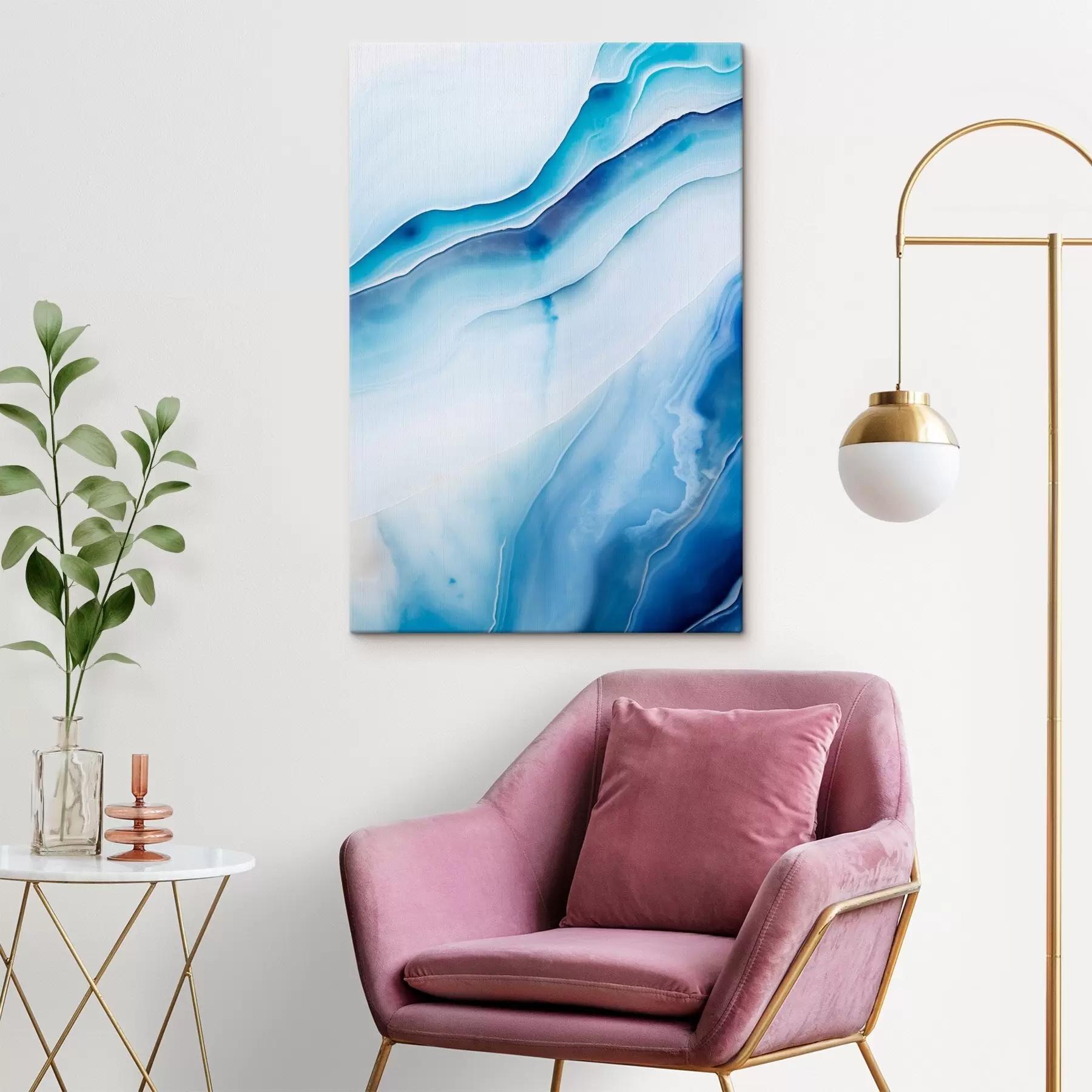 Tableau Imprimé abstrait bleu et blanc agate, lignes tourbillonnantes et dégradés, texture lisse, art moderne, minimaliste s46291