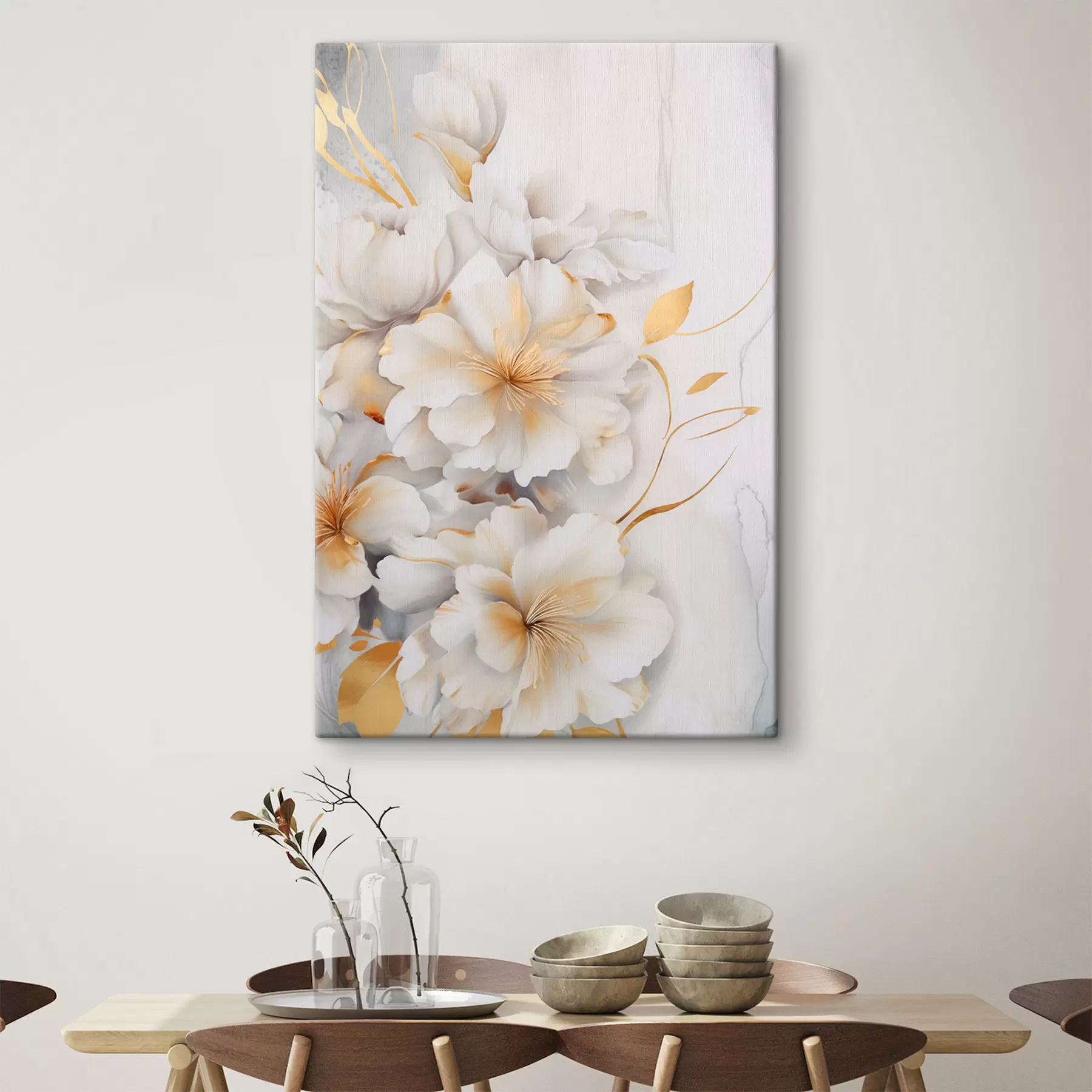 Tableau Fleurs blanches avec des détails jaunes, pétales avec des ombres subtiles, fond clair avec un effet marbré subtil s46292