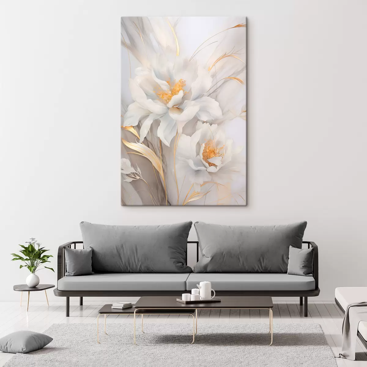 Tableau Fleurs blanches avec pistils et tiges jaunes, pétales délicats, composition élégante, fond neutre s46293