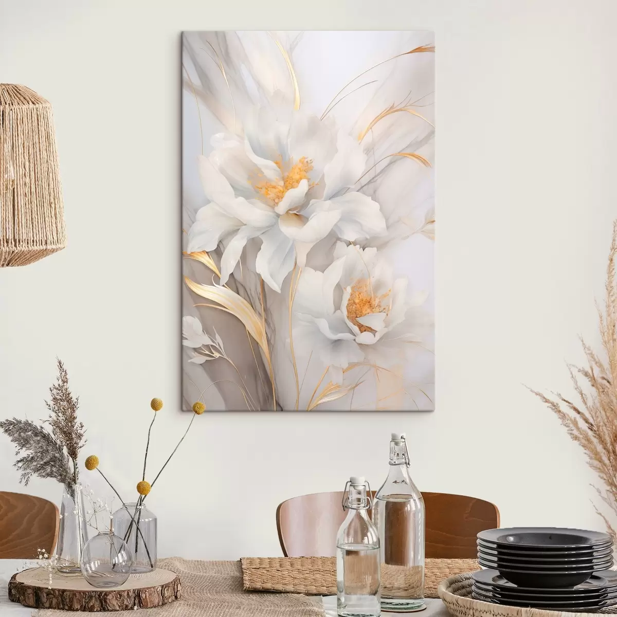 Tableau Fleurs blanches avec pistils et tiges jaunes, pétales délicats, composition élégante, fond neutre s46293