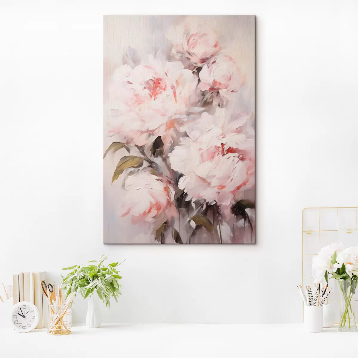 Tableau Bouquet de pivoines rose pâle avec des feuilles vertes, coups de pinceau doux, couleurs pastel, sur fond clair s46294