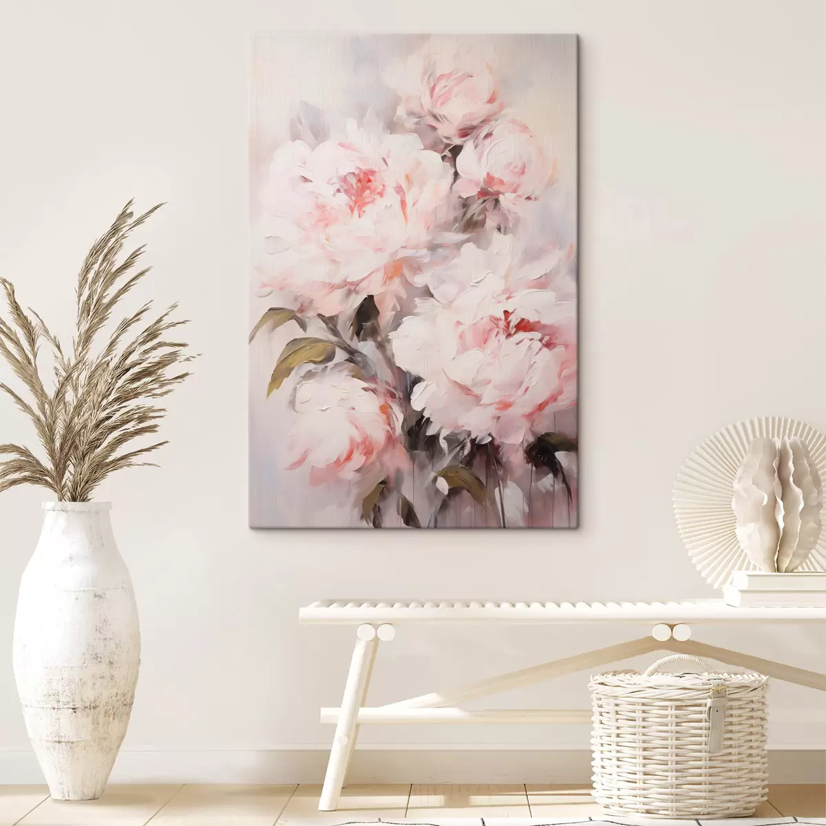Tableau Bouquet de pivoines rose pâle avec des feuilles vertes, coups de pinceau doux, couleurs pastel, sur fond clair s46294