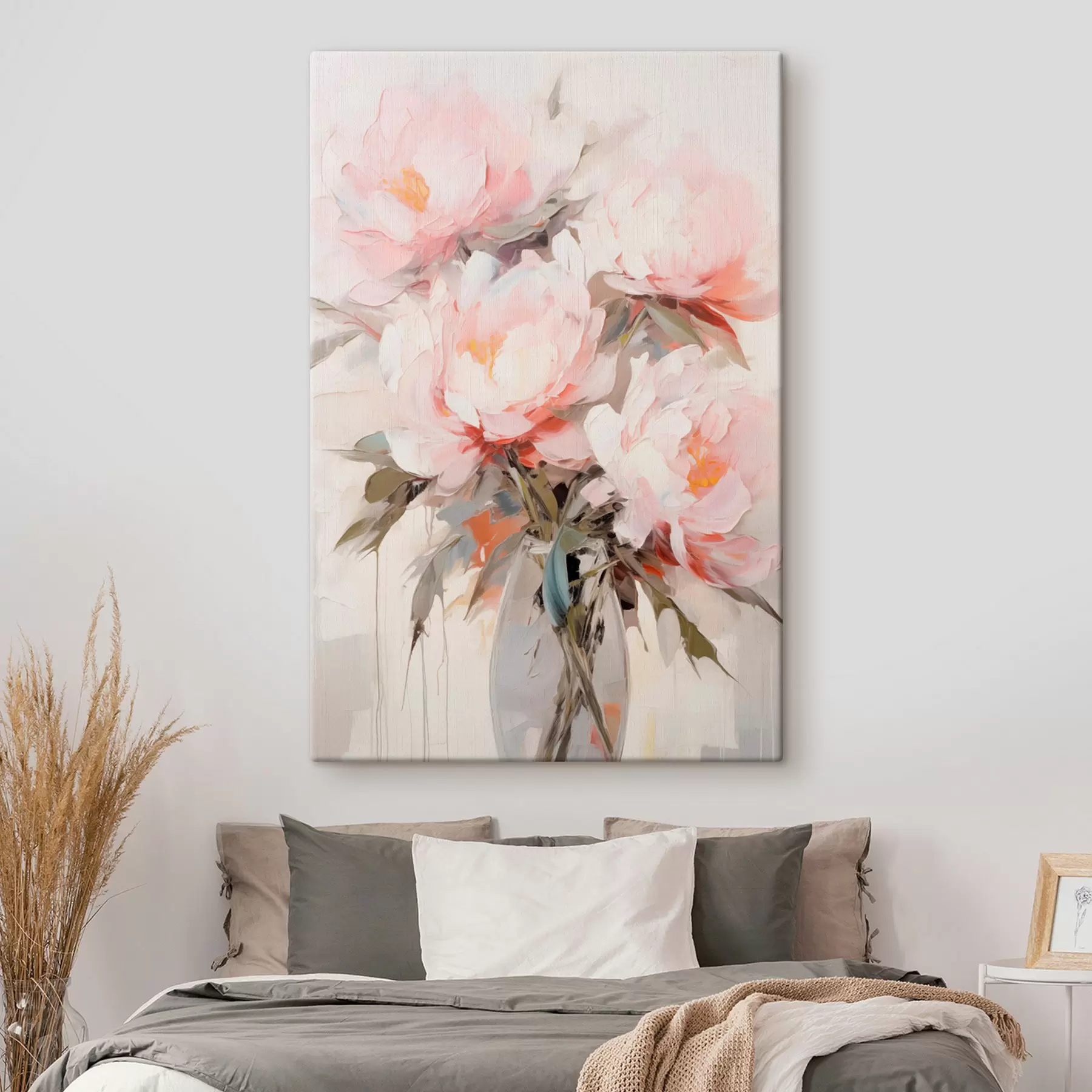 Tableau Bouquet de pivoines roses et blanches dans un vase en verre, coups de pinceau doux, couleurs pastel, fond neutre s46295