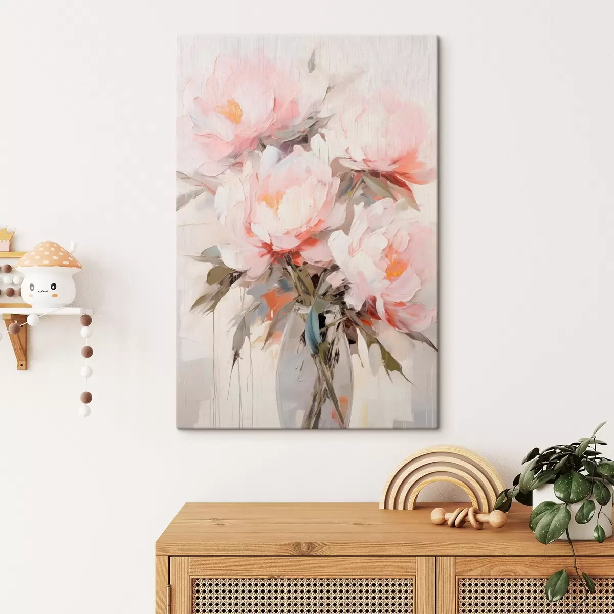 Tableau Bouquet de pivoines roses et blanches dans un vase en verre, coups de pinceau doux, couleurs pastel, fond neutre s46295
