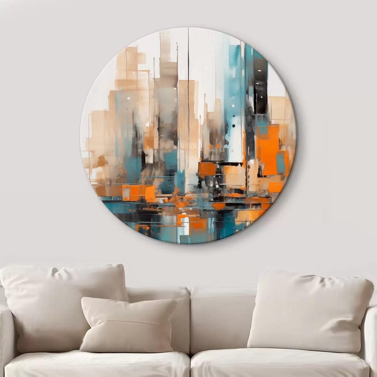Tableaux rondes Paysage urbain abstrait avec des touches de couleur orange, bleu sarcelle et marron, des coups de pinceau verticaux et des formes géométriques r46266
