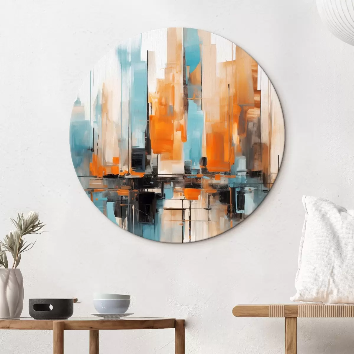 Tableaux rondes Paysage urbain abstrait avec des coups de pinceau verticaux dans des tons orange, bleu et blanc, style pictural r46267