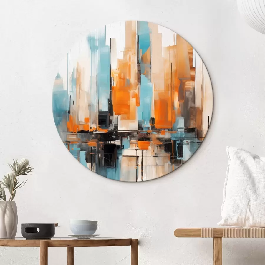 Tableau Paysage urbain abstrait avec des coups de pinceau verticaux dans des tons orange, bleu et blanc, style pictural r46267