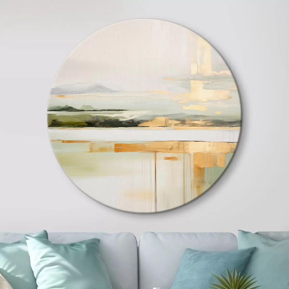 Tableaux rondes Paysage abstrait avec des accents jaunes, une composition minimaliste de terre, d'eau et de ciel, avec des couleurs douces r46268