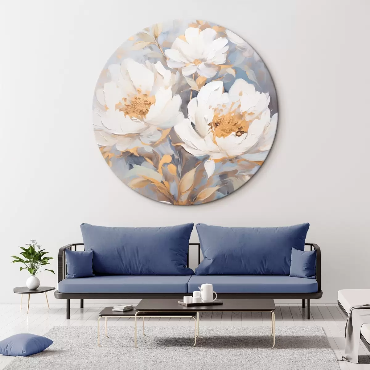 Tableaux rondes Pivoines blanches avec cœur et feuilles bleus, coups de pinceau doux, fond bleu clair, composition florale r46270