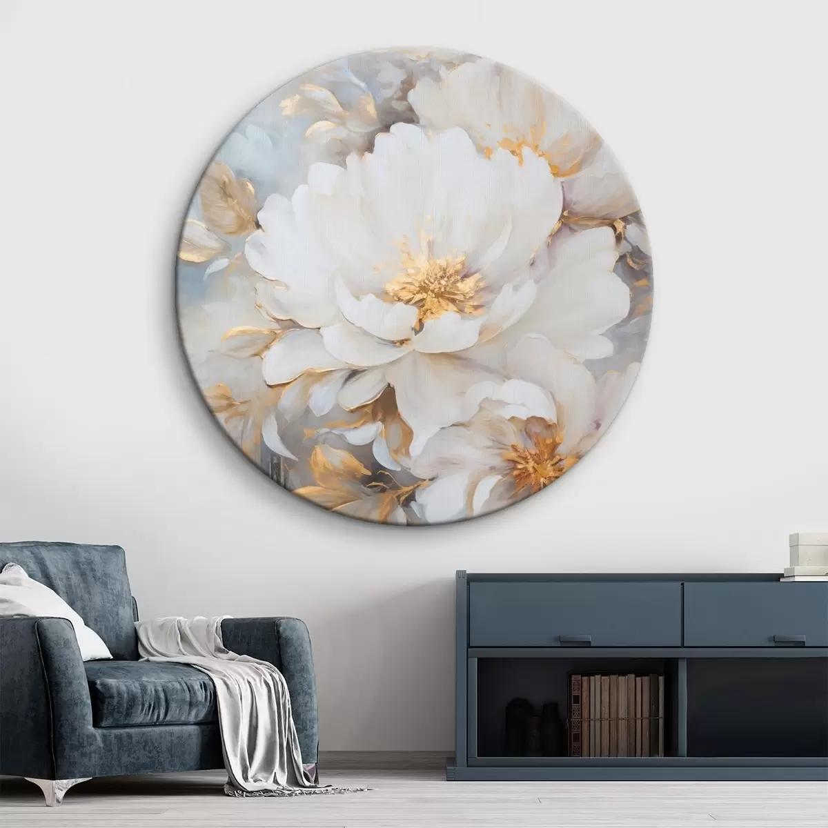 Tableaux rondes Pivoines blanches avec cœur et feuilles bleus, coups de pinceau doux, fond bleu clair, composition florale r46271