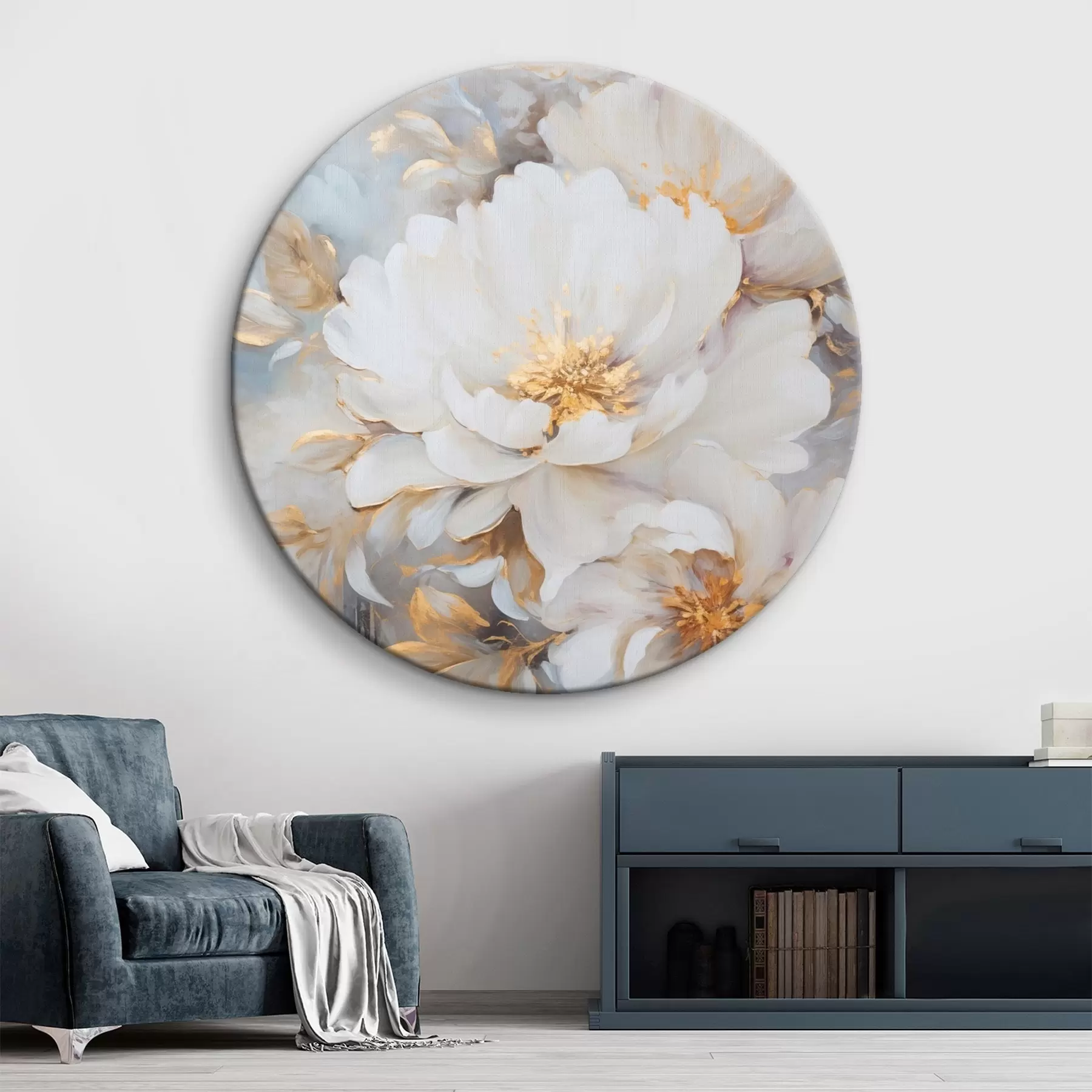 Tableau Pivoines blanches avec cœur et feuilles bleus, coups de pinceau doux, fond bleu clair, composition florale r46271