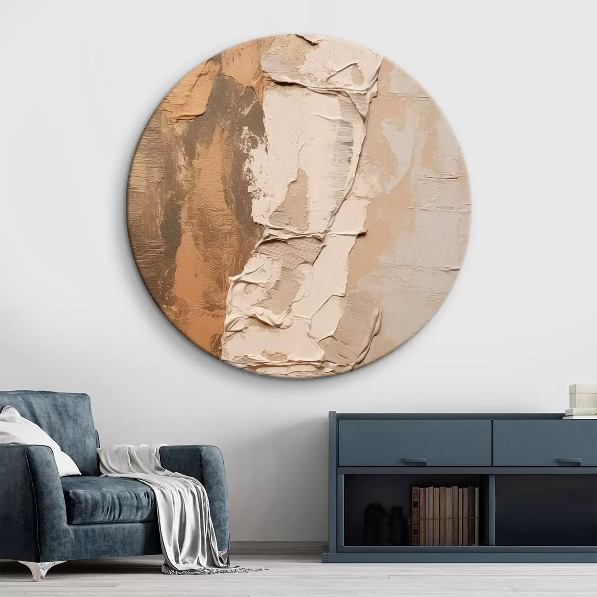 Tableaux rondes Peinture abstraite aux coups de pinceau épais, tons beiges et bruns, surface texturée, palette de couleurs neutres r46272