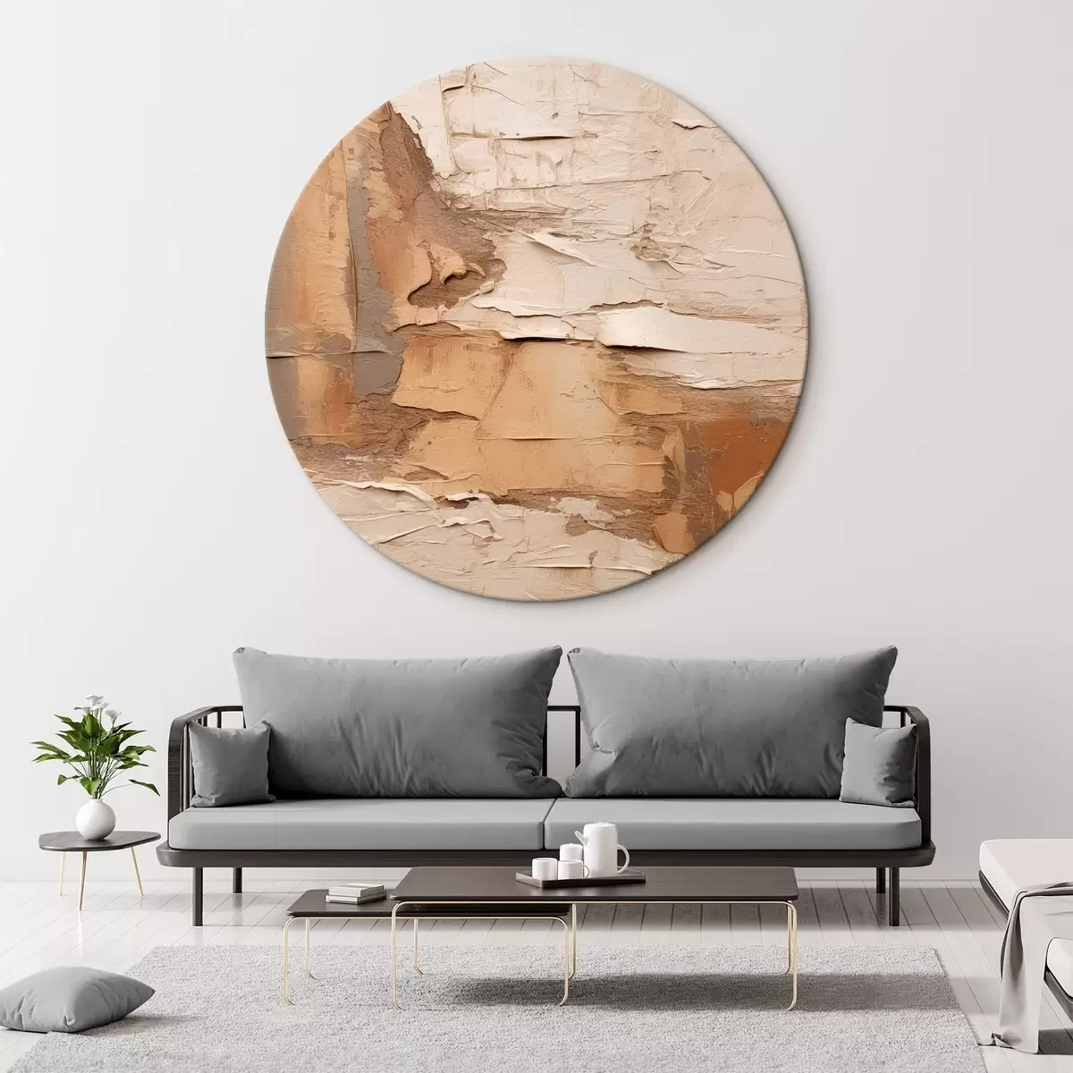 Tableaux rondes Peinture abstraite aux coups de pinceau épais, tons beiges et bruns, surface texturée, palette de couleurs neutres r46273
