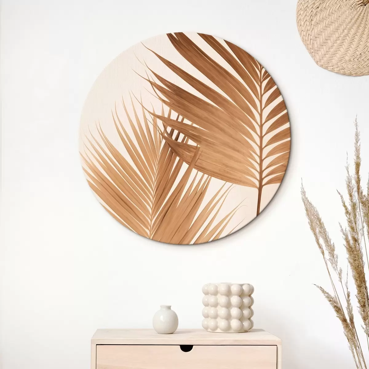 Tableaux rondes Feuilles de palmier dans des tons bruns, fond neutre, style minimaliste, éclairage naturel, ambiance tropicale r46274