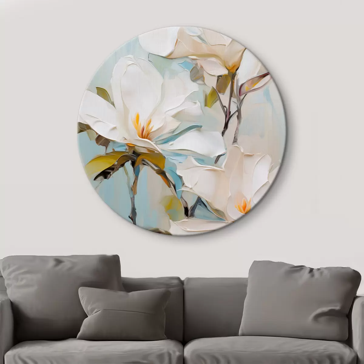 Tableaux rondes Fleurs de magnolia blanches, fond bleu clair avec des coups de pinceau doux, style peinture à l'huile, texture impasto r46276