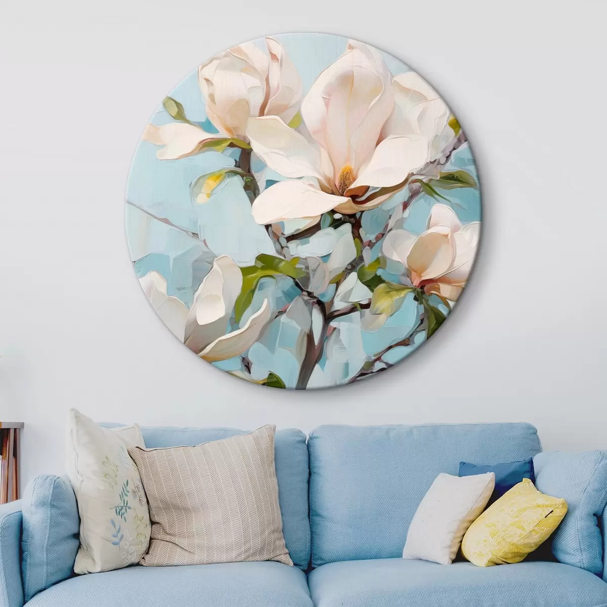 Tableaux rondes Fleurs de magnolia blanches, fond bleu clair avec des coups de pinceau doux, style peinture à l'huile, texture impasto r46277