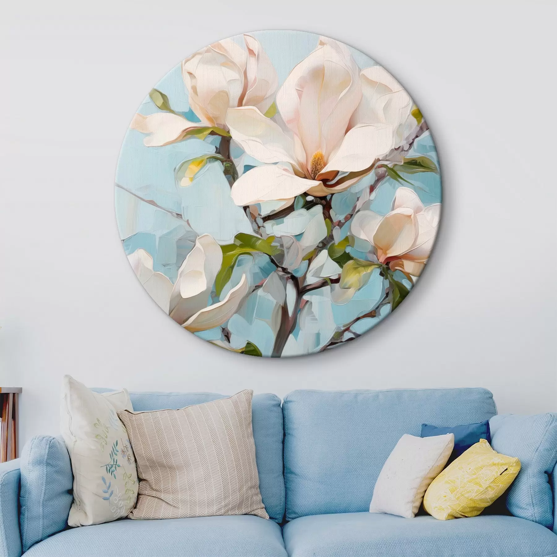Tableau Fleurs de magnolia blanches, fond bleu clair avec des coups de pinceau doux, style peinture à l'huile, texture impasto r46277
