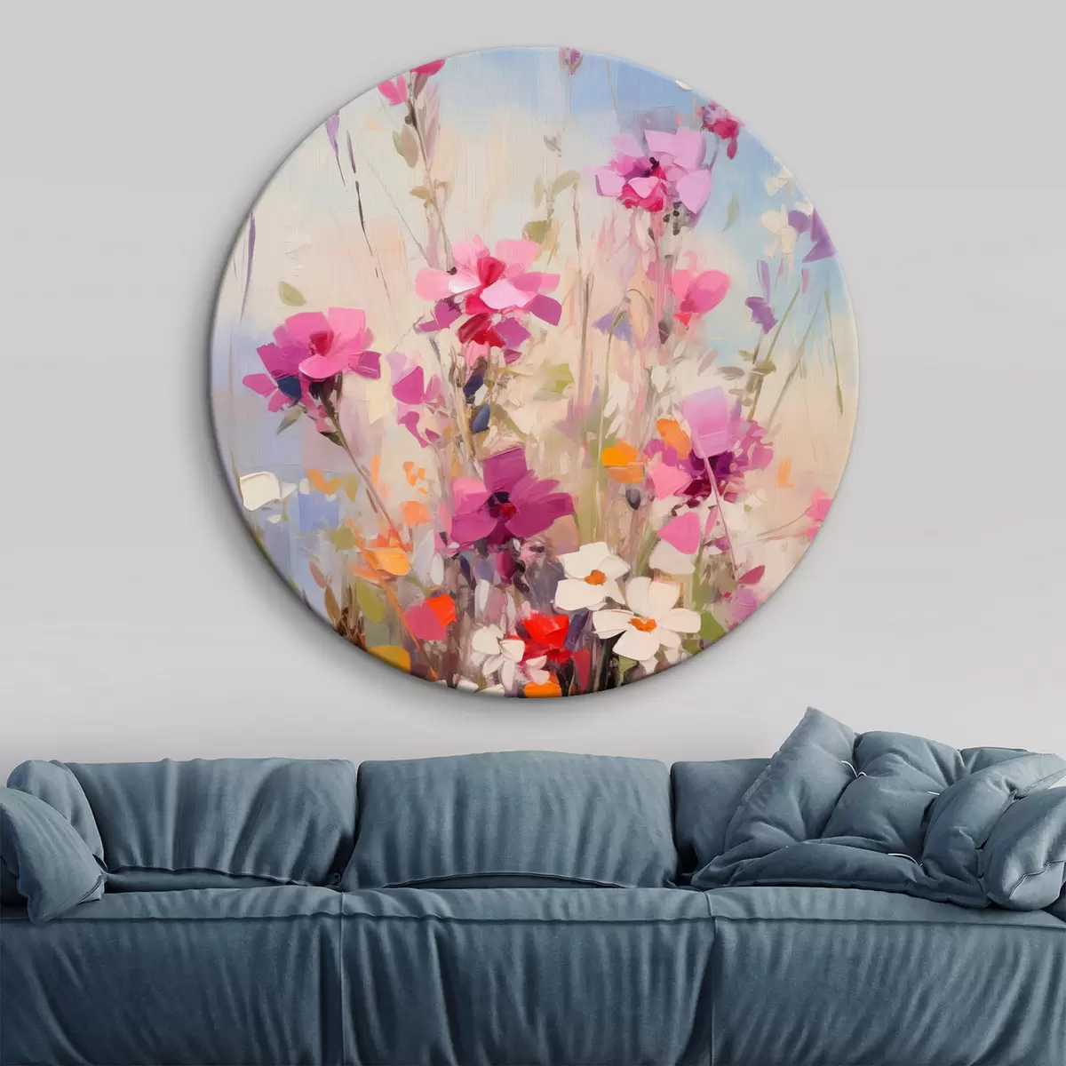 Tableaux rondes Des fleurs roses, blanches et vertes éclatantes sur un fond pastel doux r46278