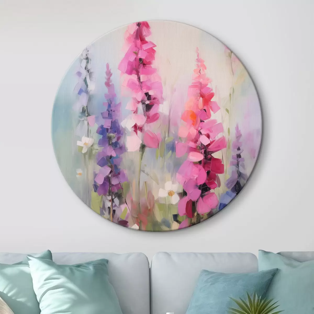 Tableaux rondes Fleurs roses et violettes avec des marguerites blanches dans un champ, coups de pinceau doux, couleurs pastel, style impressionniste r46279