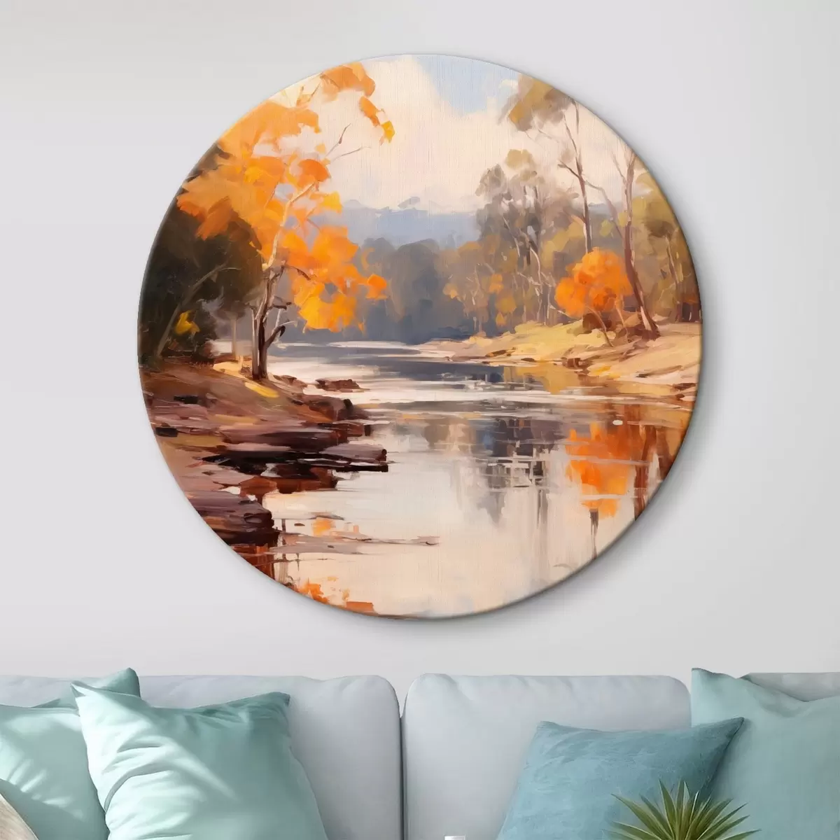 Tableaux rondes Paysage automnal, rivière bordée d'arbres, forêt en arrière-plan, reflets sur l'eau r46280