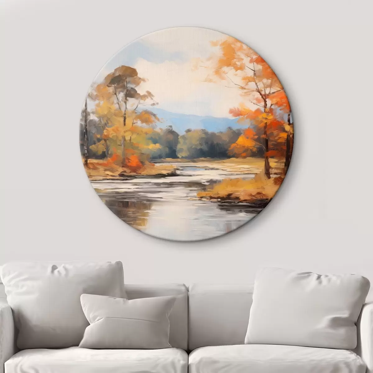 Tableaux rondes Paysage avec une rivière traversant une forêt en automne, arbres jaunes et orange, style pictural r46281