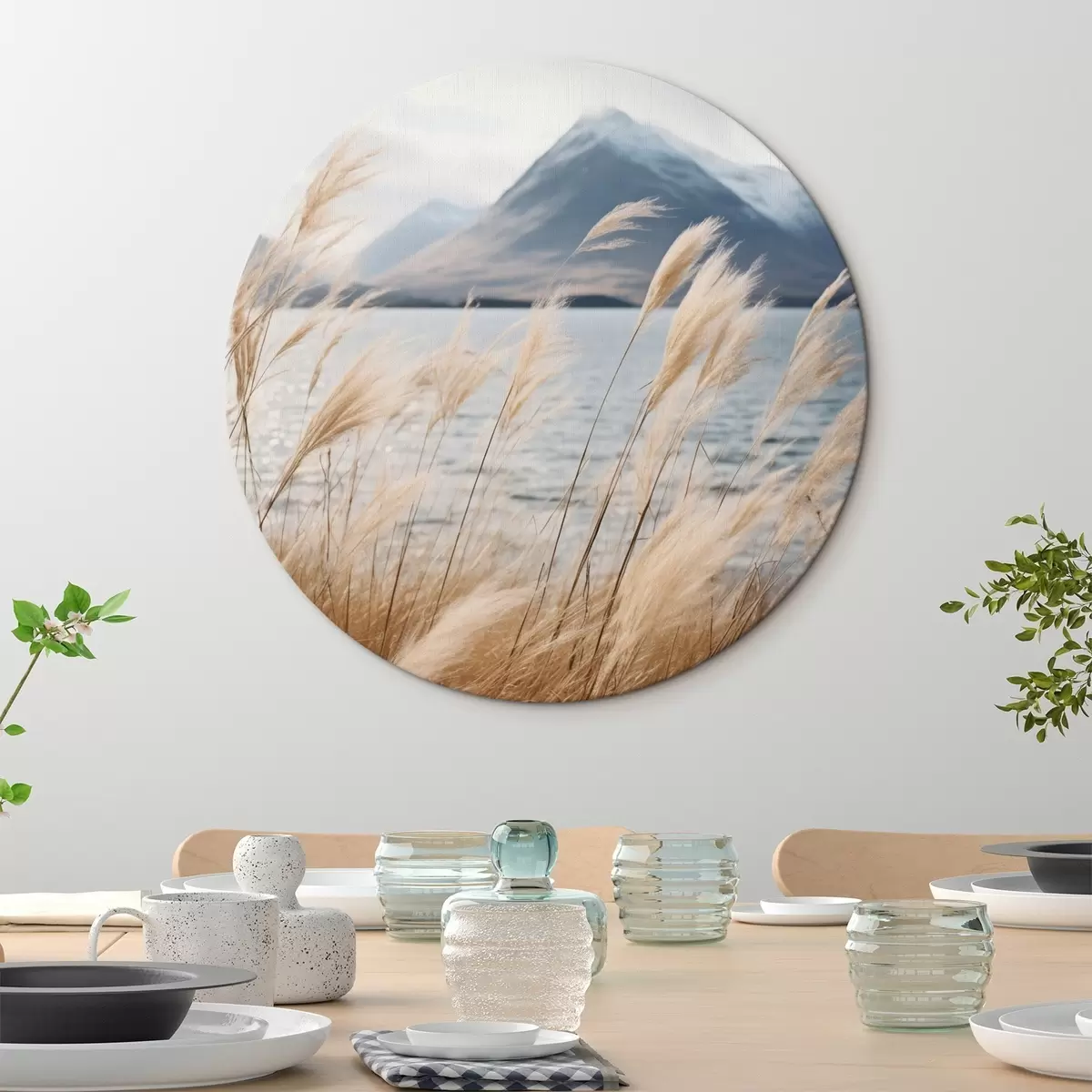 Tableaux rondes Herbe de la pampa avec un lac et des montagnes en arrière-plan, éclairage tamisé, couleurs douces, style naturaliste r46283