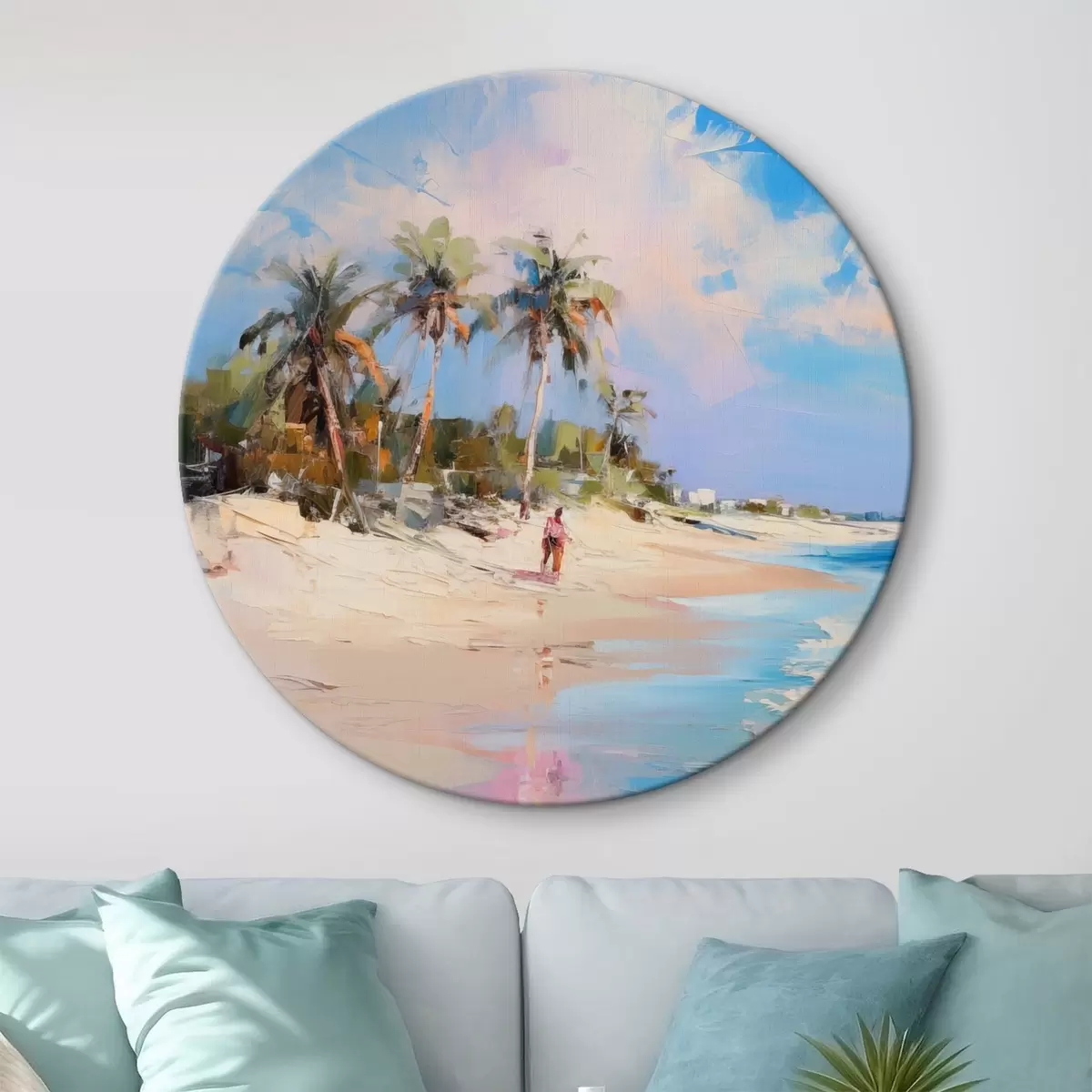 Tableaux rondes Paysage abstrait, une plage avec des palmiers, une journée ensoleillée avec un ciel bleu et quelques nuages r46284